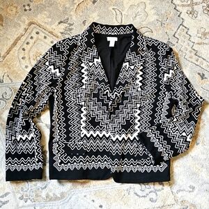 Chico's Size 2 Black and White Zig Zag pattern print suit jacket